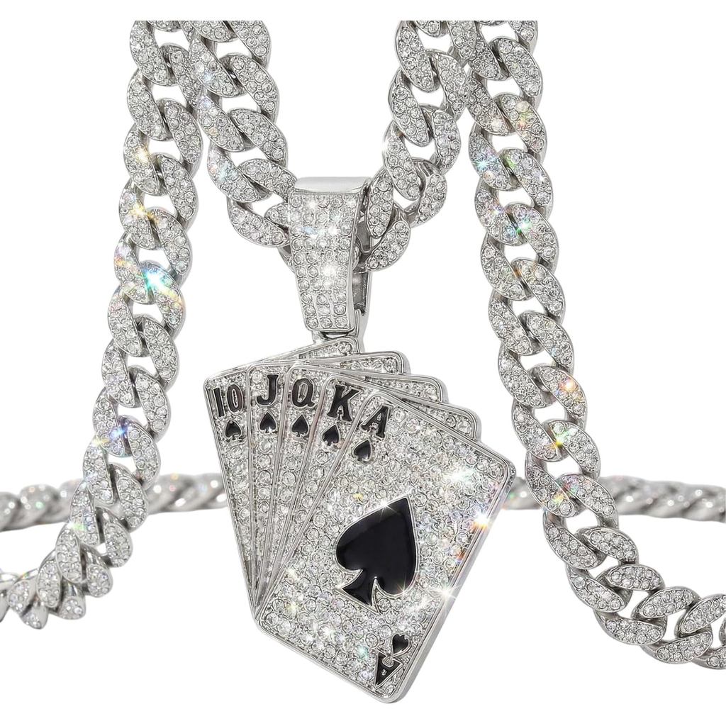 สร้อยคอมีเด้นท์ Iced Out Miami Cuban Link ขนาด 20 นิ้ว สลักรุปไพ่ Royal Flush และ charm พวงพระ luck 