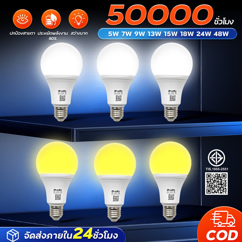 [5 แถม 1 ฟรี] หลอดไฟ LED ขั้ว E27 หลอดประหยัดไฟ5W/7W/9W/12W/15W แสงวอร์ม/แสงขาว ถนอมสายตา 15000ชม ใช้ไฟฟ้า220V