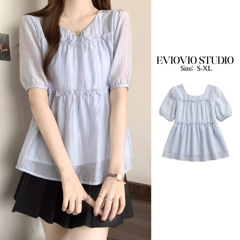 S-XL【EVIOVIO】👔เสื้อสีฟ้านุ่มละมุน แต่งระบายสไตล์มินิมอล เรียบหรูสไตล์เกาหลี ใส่ไปคาเฟ่ ออกเดท แฟชั่นผู้หญิง ชุดพร้อมส่ง