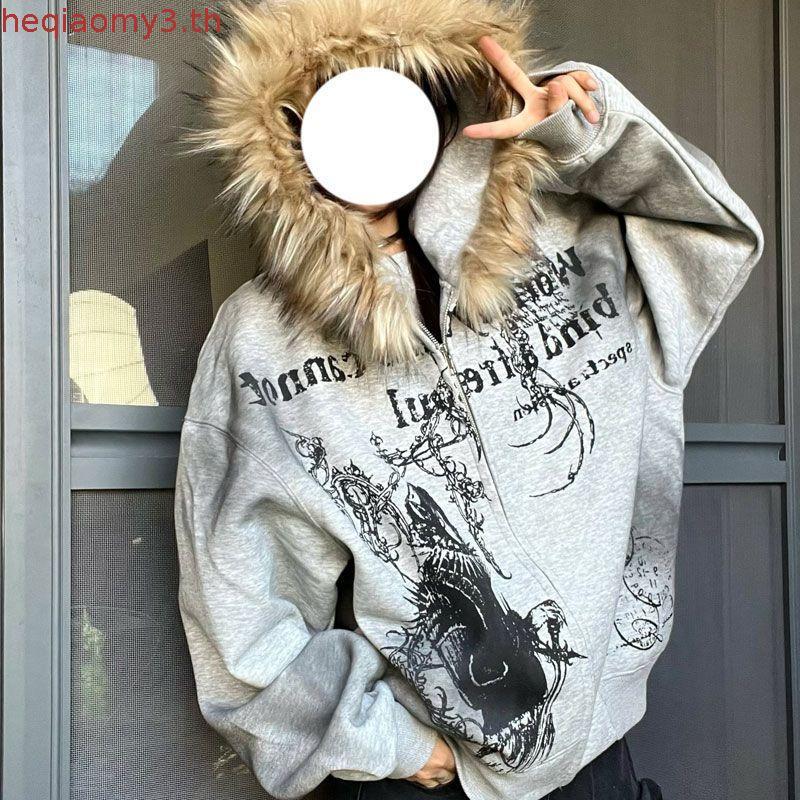 American Retro Y2k Millennium Fur Collar Zipper Hooded Jacket สําหรับผู้หญิง Dark Street Jacket