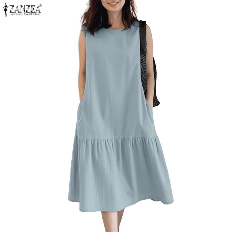 Zanzea ผู้หญิงเกาหลี Minimalist หลวมกระเป๋าด้านข้าง Ruffled สีทึบรอบคอแขนกุด