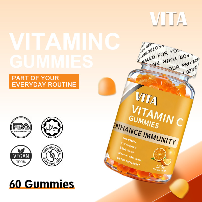 VITA Vitamin C Gummies วิตามินซี กัมมี วิตามินรวม อาหารเสริม บํารุงสมอง สุขภาพทางเดินอาหาร ปกป้องเหงือก 60Pcs