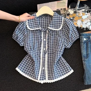 LUNA~Xเวอร์ชั่นเกาหลี ตาราง ลูกไม้ เสื้อแขนสั้น เสื้อเชิ้ต รุ่นใหม่