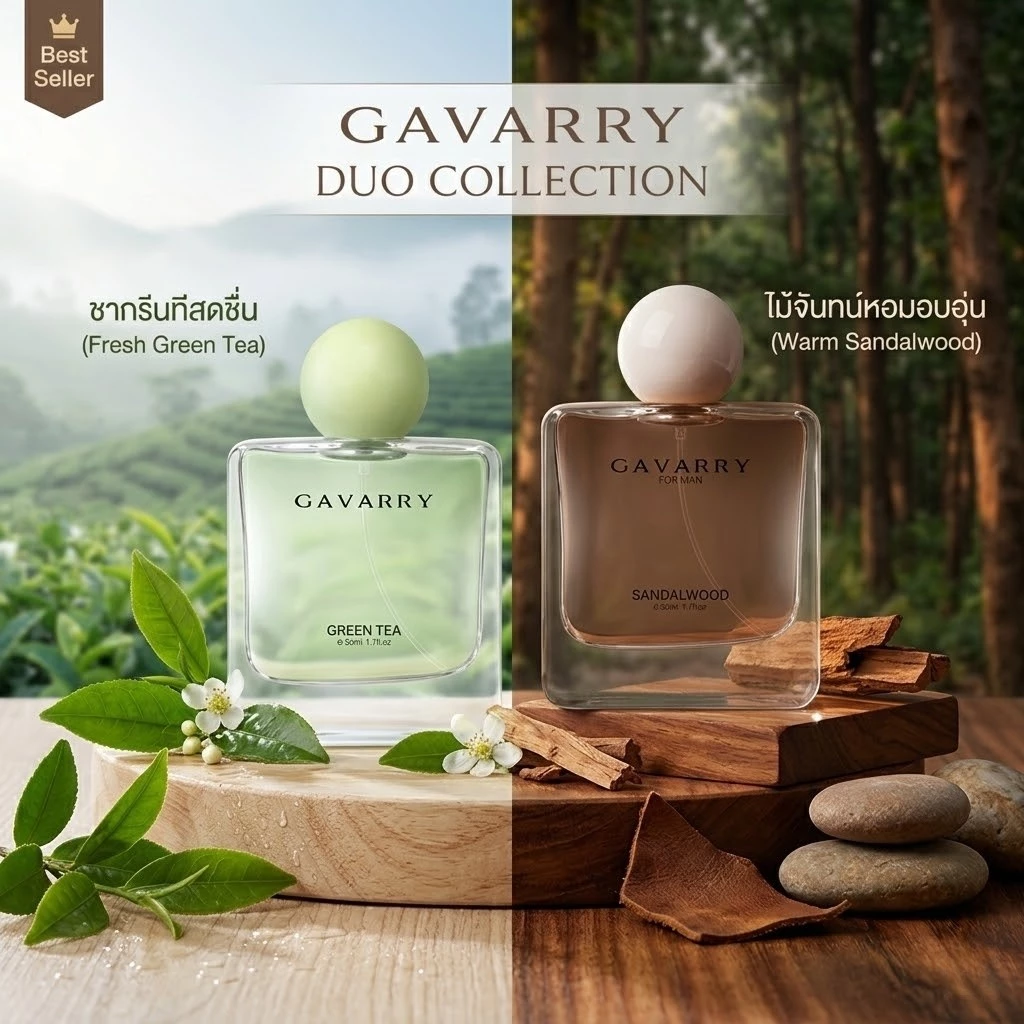 GAVARRY แพ็คคู่สุดคุ้ม! น้ำหอม Green Tea & Sandalwood 50ml x 2 หอมติดทนนาน ของแท้ โปรโมชั่นพิเศษ ส่งฟรี