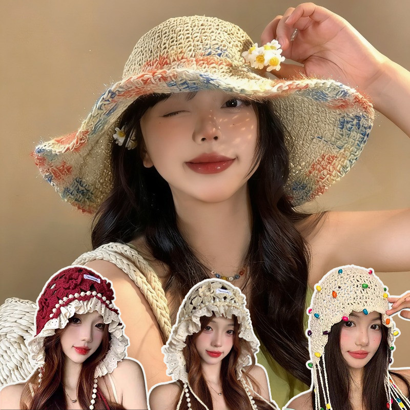 หมวกฟางปีกกว้างกันแดด ผ้าถัก ขนาดเล็ก สามารถพับได้ สีพื้น ใส่เที่ยวทะเล พับเก็บได้ ชายหาด แฟชั่นสำหรับผู้หญิง