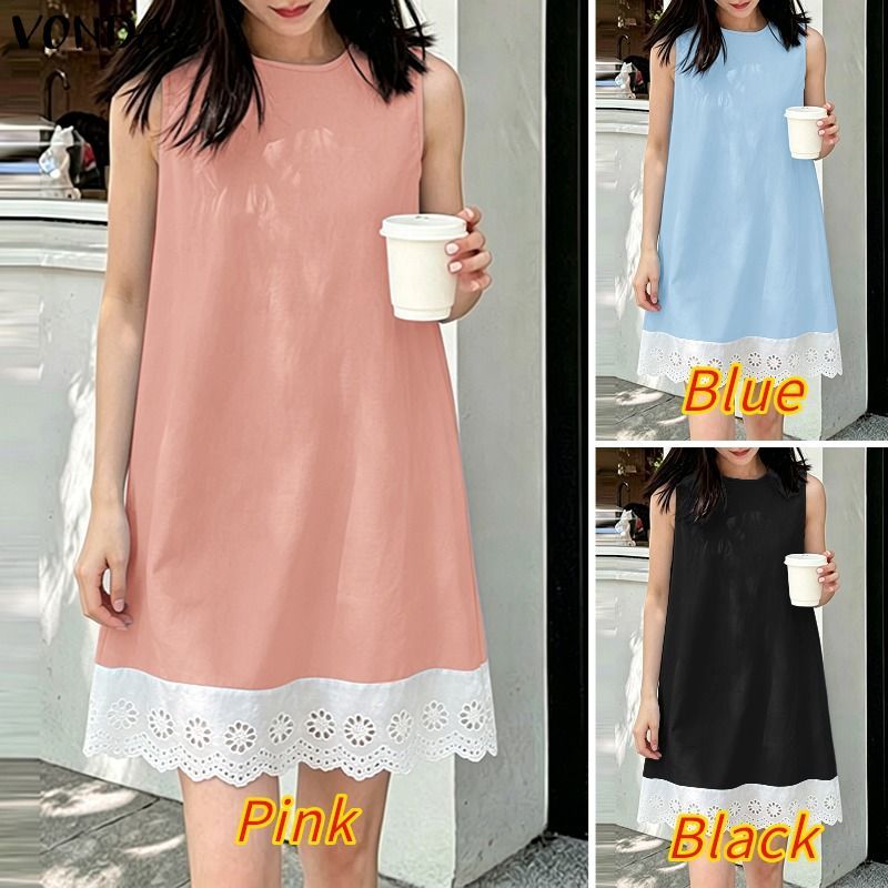 VONDA ผู้หญิงเกาหลีลําลองรอบคอปุ่มชุด Contrast Ruffle Trim Slim Fit สายแขนกุดทอชุด — صورة 3