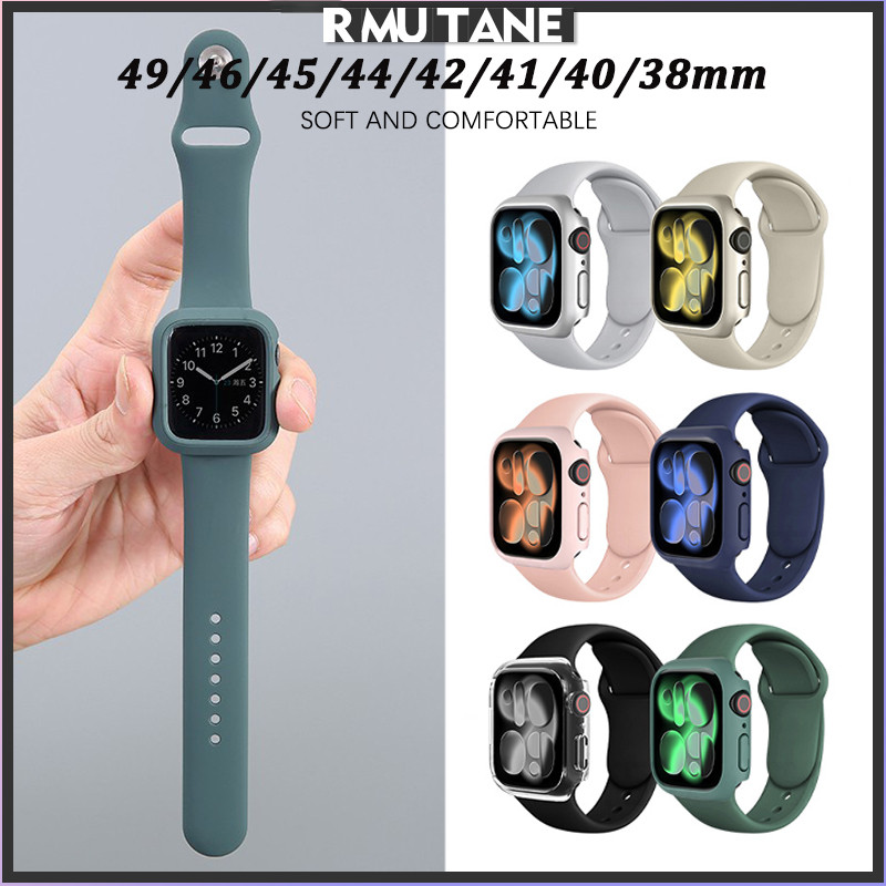 สายรัดซิลิโคนกรณีพีซีสำหรับ for Smartwatch IWatch Series 11 10 9 8 Ultra SE 3 2 49 46 45 44 42 40 38 มม