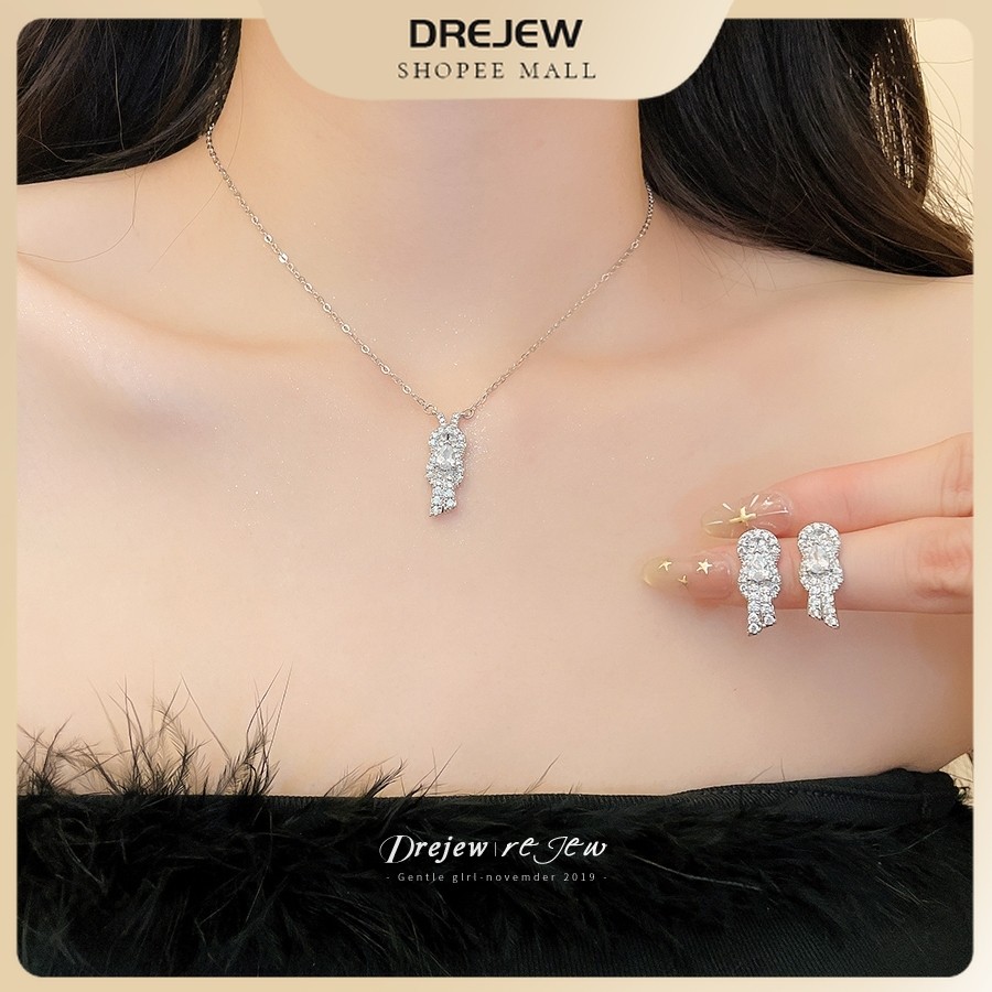 DREW ผู้หญิงทองแดงเพทายเต็มเพชรริบบิ้นสร้อยคอและต่างหูสตั๊ดชุดสไตล์เกาหลีสําหรับออกเดททุกวันและพรรคสวมใส่