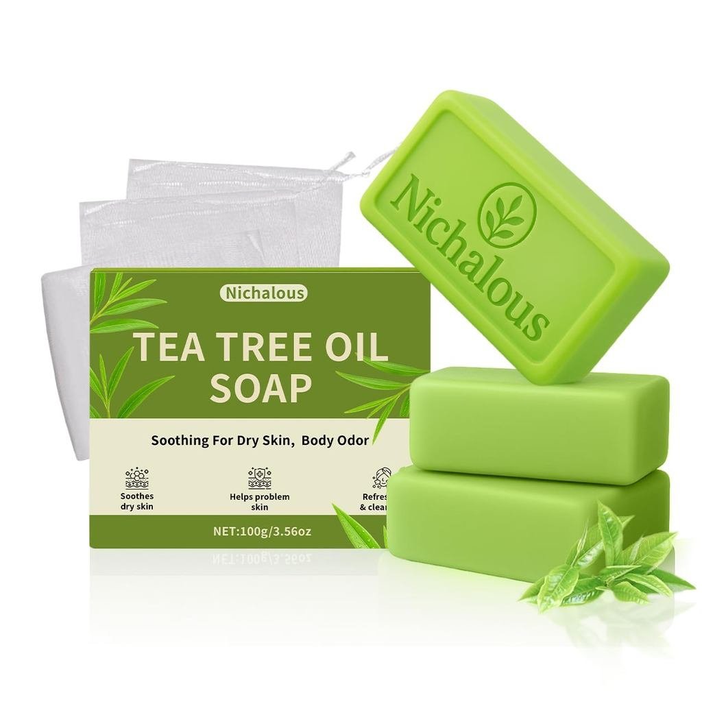 สบู่ Tea Tree, 3PCS Tea Tree Oil Relief Soap Bar - พร้อม Tea Tree Oil & Coconut Oil & Witch Hazel, D