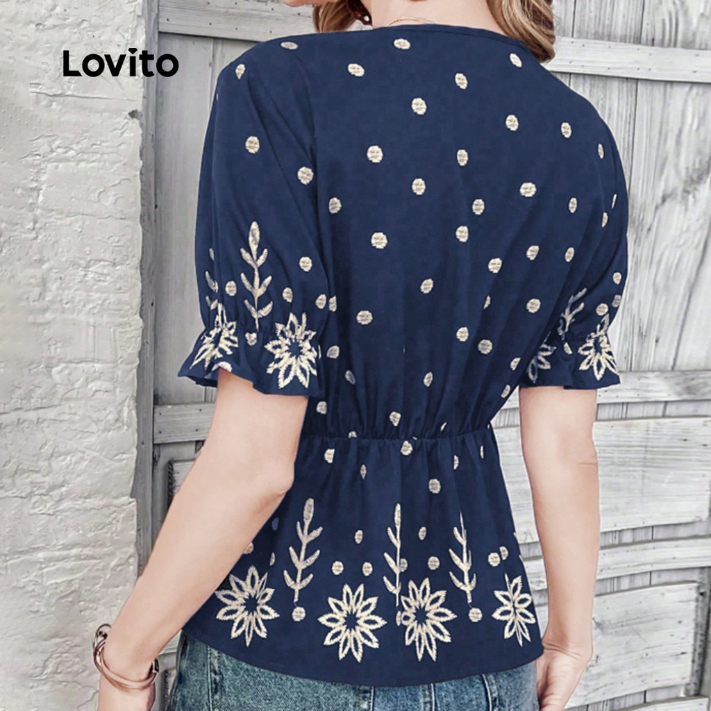 Lovito เสื้อเบลาส์สไตล์ชาติพันธุ์สีน้ําเงินกรมท่าสําหรับผู้หญิงในฤดูใบไม้ผลิ/ฤดูร้อน L165ED1318 - รูปที่ 2