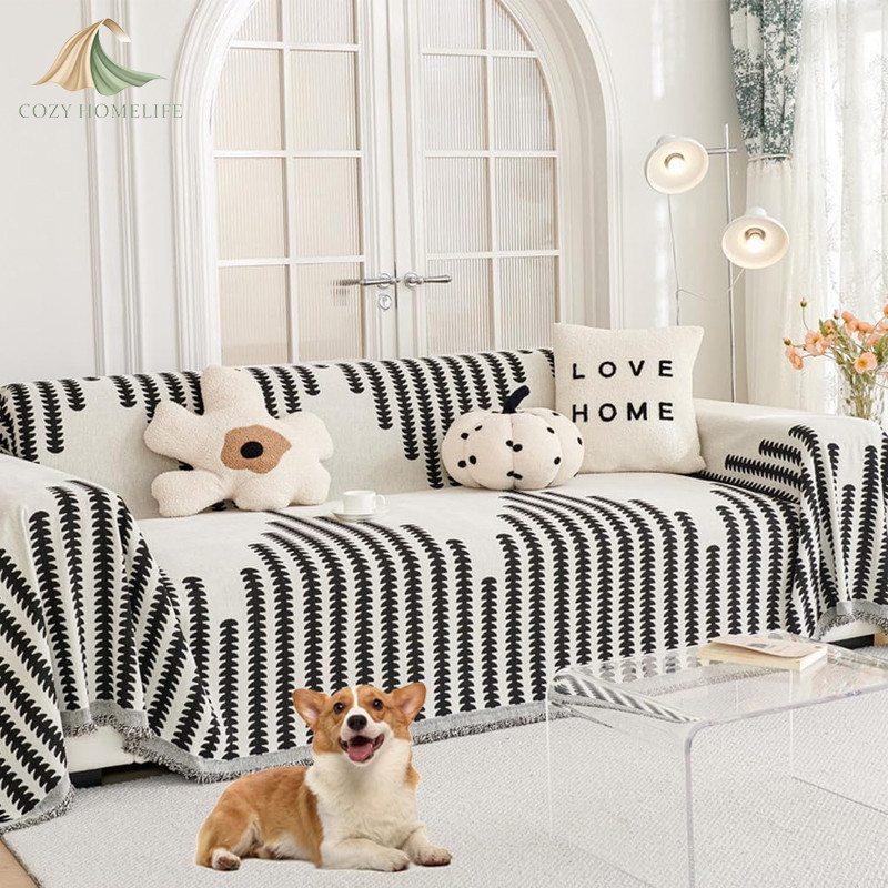 CZHLIFE ผ้าคลุมโซฟา, ผ้าห่มโซฟาลายทาง Chenille, กันลื่นหนาซักได้, สําหรับห้องนั่งเล่น, สัตว์เลี้ยง, ปิกนิก, ผ้าคลุมโซฟา 2 และ 3 ที่นั่งหมอนอิงโซฟา