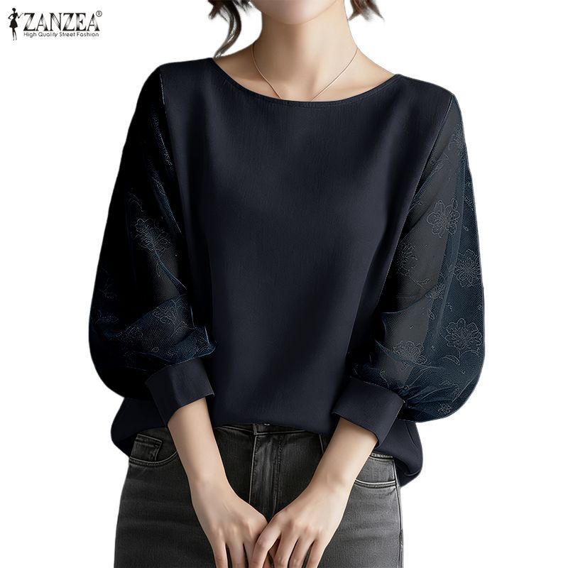 ZANZEA เสื้อผ้าสไตล์เกาหลีสำหรับผู้หญิง ดีไซน์เรียบหรูพร้อมลายดอกไม้และตาข่าย
