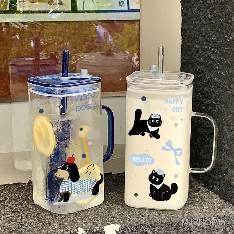 [คลังสินค้าพร้อม] MJshopแว่นตาถ้วยนมสี่เหลี่ยมในครัวเรือนทนอุณหภูมิสูงพร้อมที่จับถ้วยฟางสาวพนักงานออ