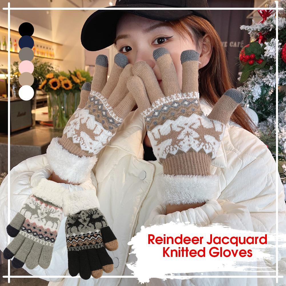 Reindeer Jacquard ถักถุงมือเต็มนิ้วถุงมืออุ่นความร้อนอุ่น 6 ถุงมือสีถุงมือ H6r9