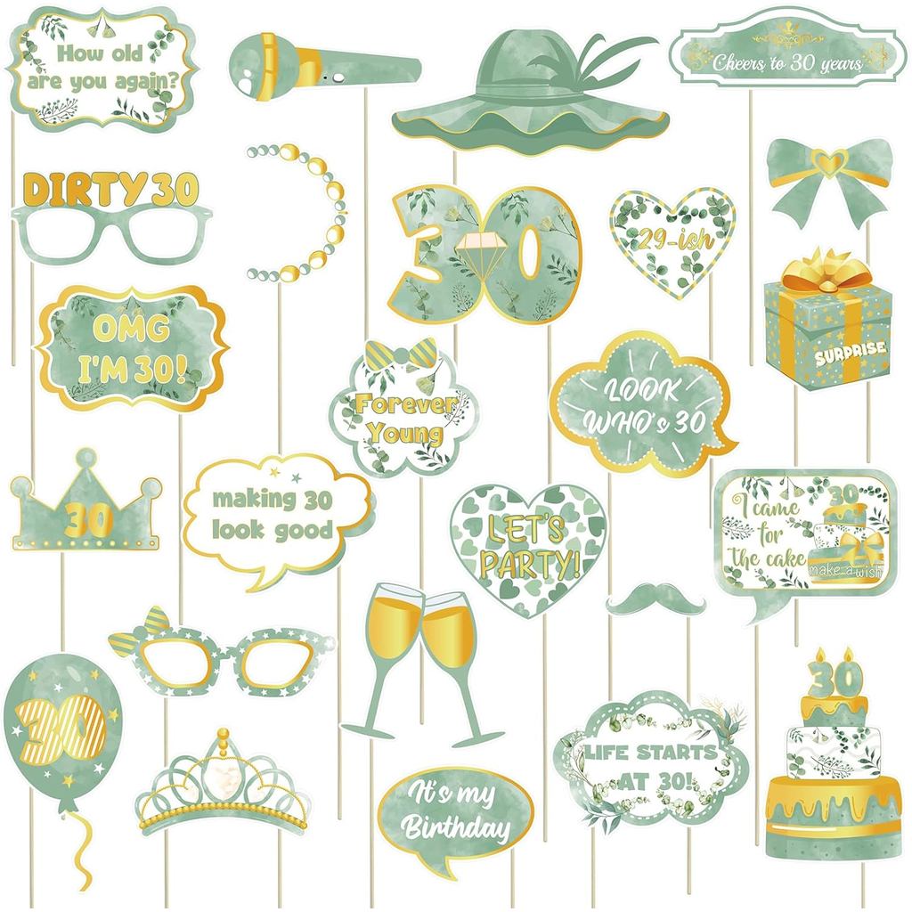 30th วันเกิด Photo Booth Props ป้าย,25pcs Sage สีเขียวและทองวันเกิด Party Selfie Props พร้อม Sticks 