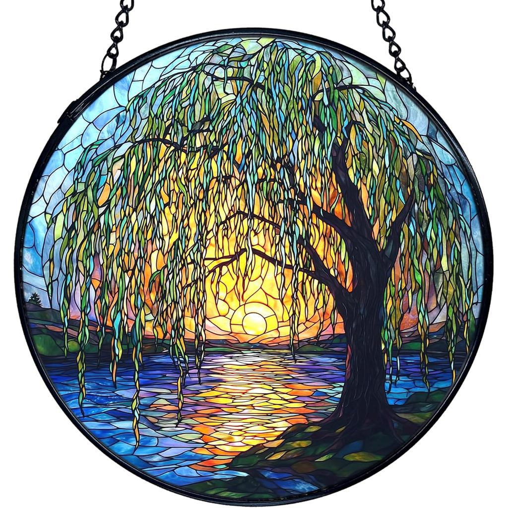 TNUW Willow Tree Stained Glass Window Hanging, Weeping Willow Sun Catchers กระจกหน้าต่างในร่มรอบ Wal