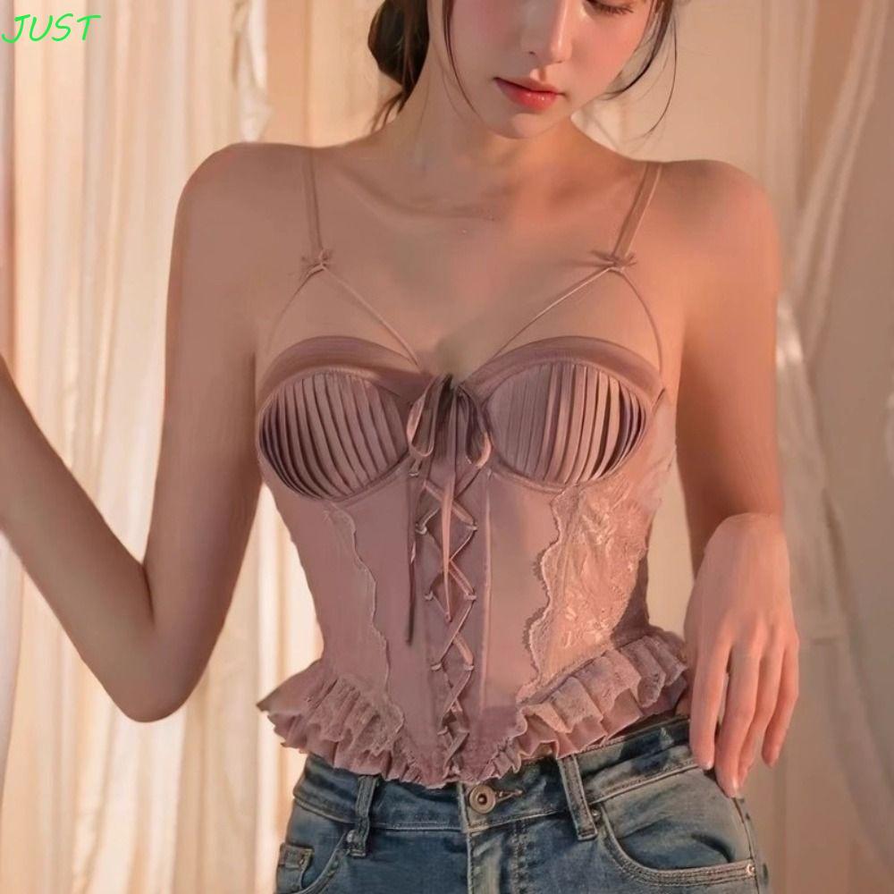 JUST Lace Up Vest Top, Spaghetti Strap Wrinkle Sleeve Crop Top, Sweet Candisole French Style Close-f