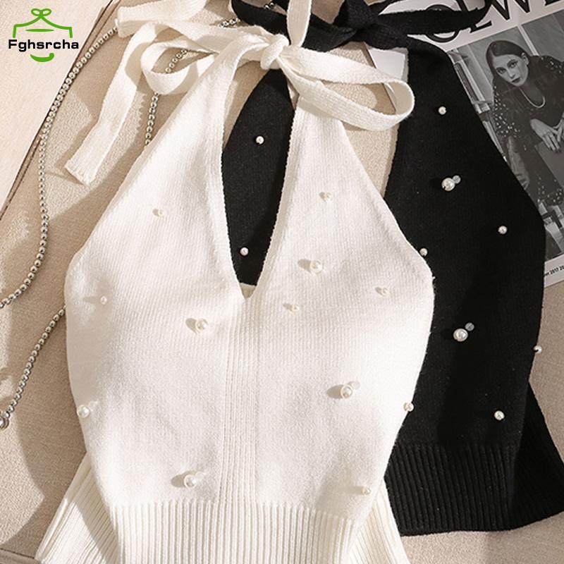 [FHC] แฟชั่นภาษาฝรั่งเศสคําลูกปัด Halter คอ Tie Knot Backless ถักเสื้อกั๊กสําหรับผู้หญิง [fhc]