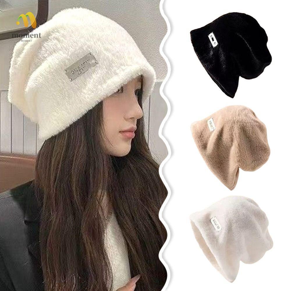 MOMENT Beanie Hat, Warm Plush Stack Cap, Fashion Solid Skullies Hats Women