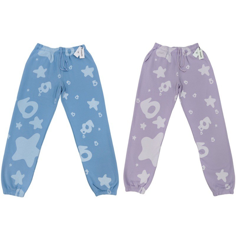 Sp5der Sweatpants ลําลองหลวมพิมพ์ Big Star Blue Taro กางเกงสีม่วง Street Wear ชาย