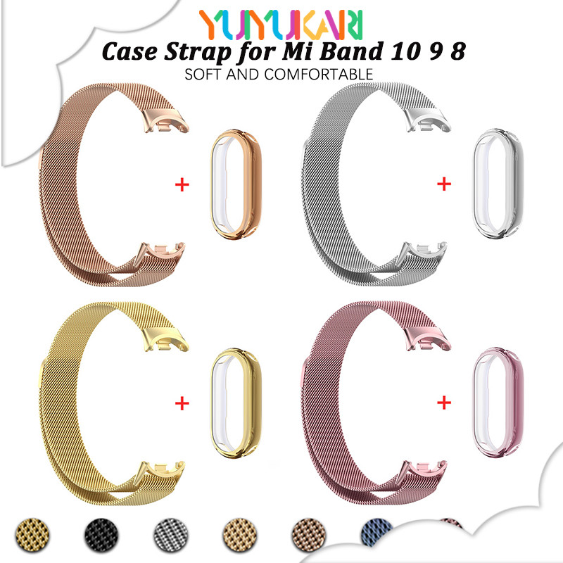 กรณี TPU สายรัดลูป Milanese สำหรับ for Xiaomi Mi Band 10 9 8 NFC ป้องกันหน้าจอปกสายรัดโลหะสำหรับ for Miband 10 9 8