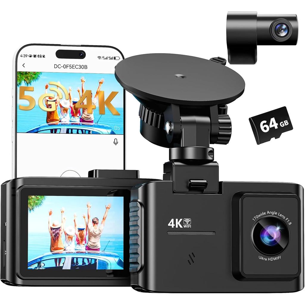 Dash Cam ด้านหน้าและด้านหลัง: 4K Dual Channel Dash Cam - 5GHz WiFi, กล้อง Dash สําหรับรถยนต์ที่มีการ