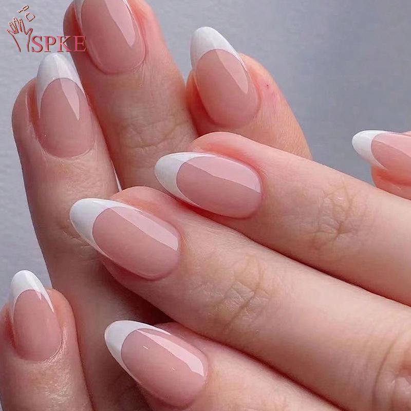 SPKE 120/240/360 ชิ้น/กล่อง Glossy Soft Gel Pink French Nail Tips Medium Almond White Simple Press O