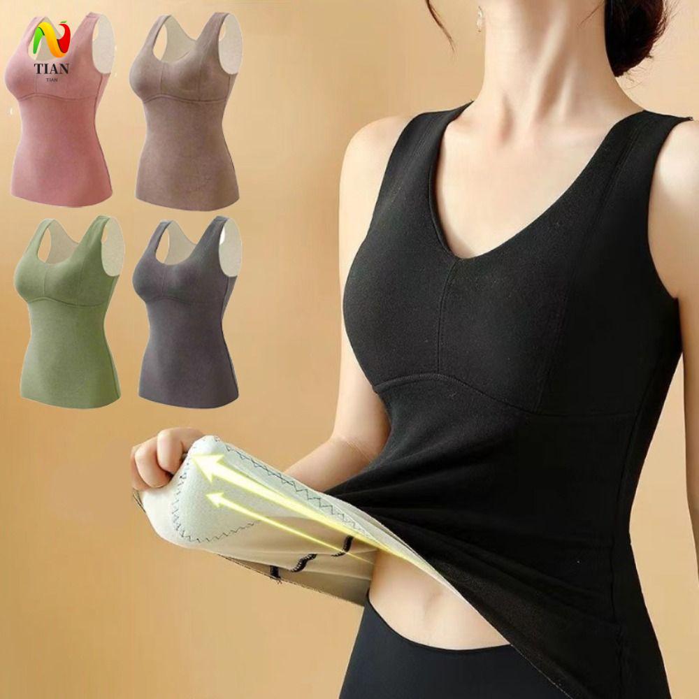 INQUIRY IMPACT เสื้อกั๊กความร้อนไม่มีรอยต่อ,สีทึบพร้อมแผ่น Plush Camisoles ผู้หญิง,สบาย V คอ Warm Th