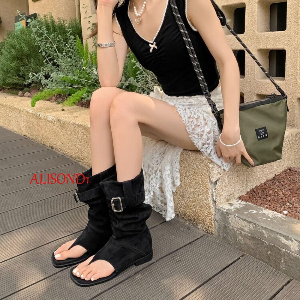 ALISOND1 รองเท้าแตะและบูทส์ผู้หญิง ส้นเปิดToe boots สไตล์Y2K บูทสูงเข่า-material suede gothic style