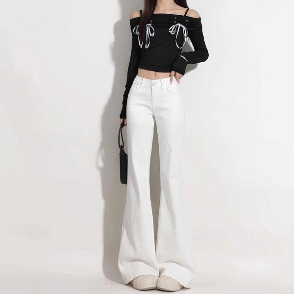 กางเกงวอร์ม กางเกงสแล็ค baggy jeans หญิง กางเกงยีนส์ผู้หญิง สไตล์อเมริกัน แบบไมโครแลป สีขาว สำหรับฤด