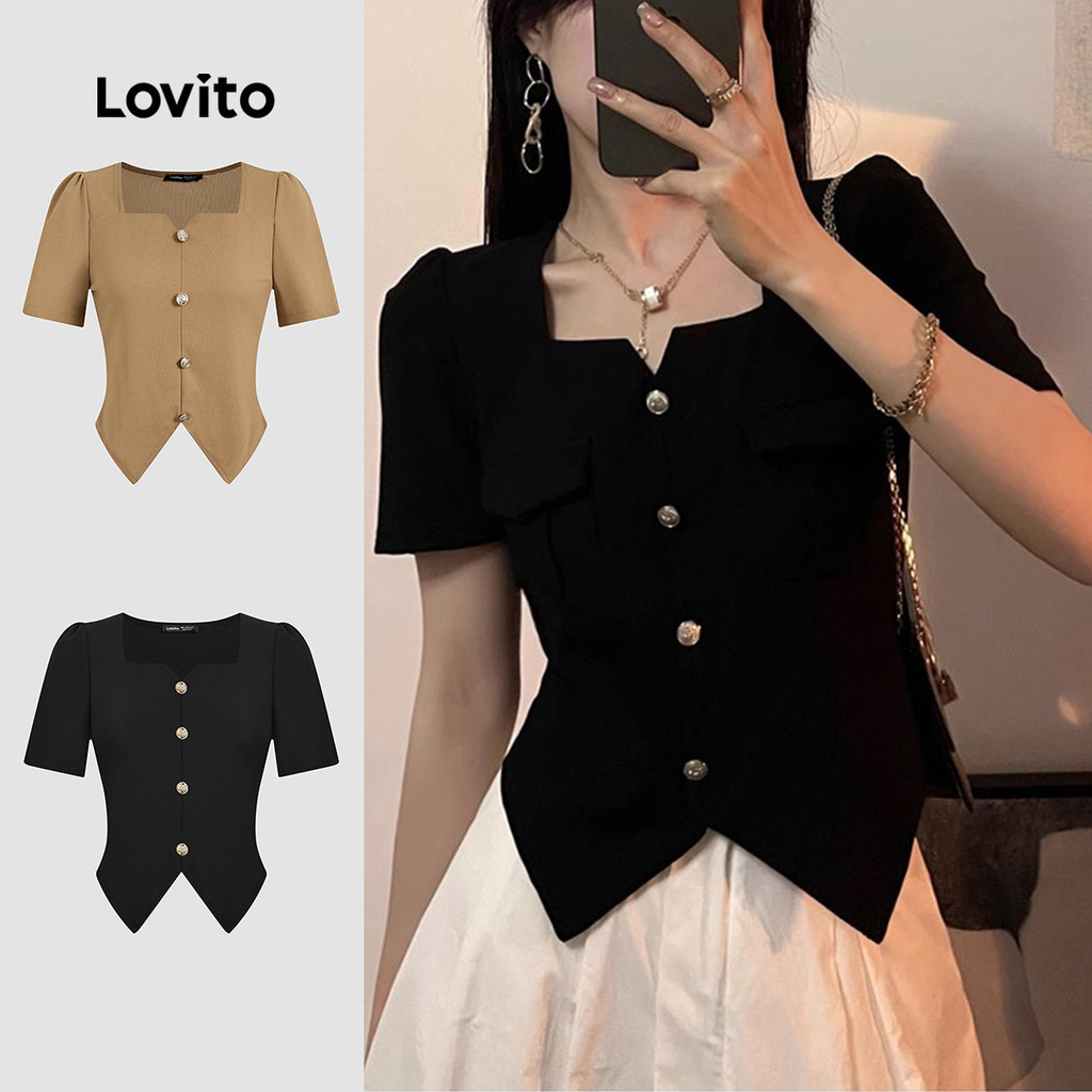 Lovito เสื้อเบลาส์ฤดูร้อน แยกหน้าปุ่มโลหะ แขนสั้น ผ้าริ้วสวยหรู สำหรับผู้หญิง L121MD620