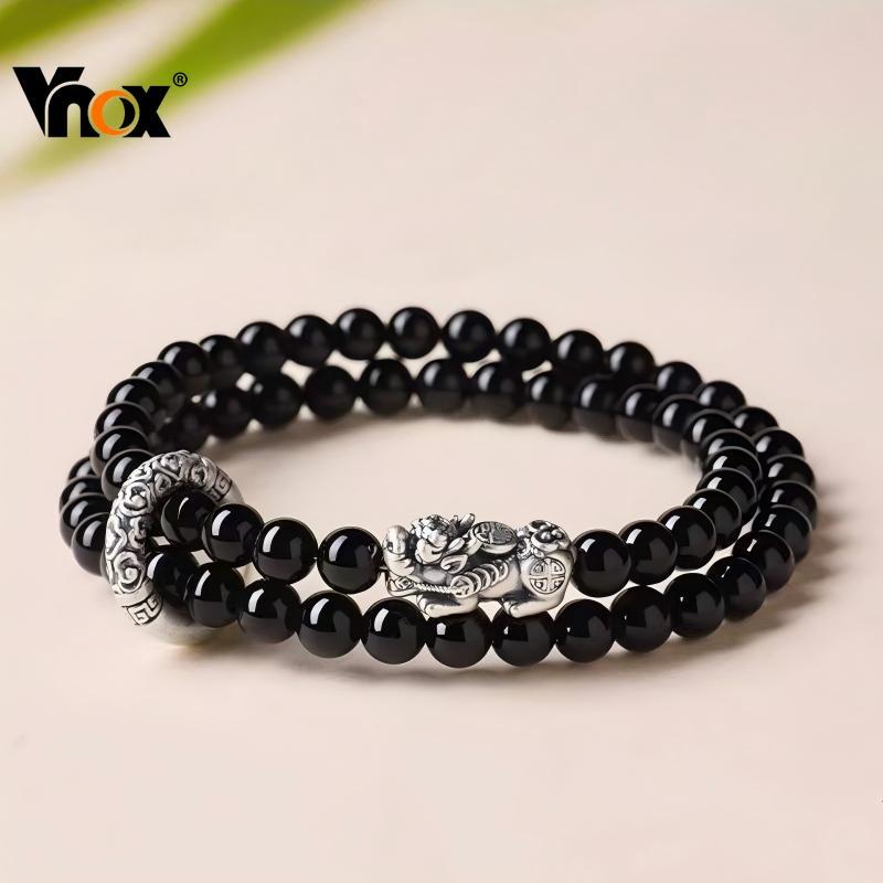 VNOX วีน็อกซ์ สร้อยข้อมือปี่เซียะ แบบสองชั้น กับลูกปัดสีดำเชือกยางยืด สไตล์แฟชั่น ของขวัญเพอร์เฟกต์ให้คนสำคัญในครอบครัว