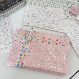 Silver Happy Birthday Rhinestone สติกเกอร์ 3D Heart Star สติกเกอร์เพชรของขวัญกล่องสติกเกอร์ตกแต่ง