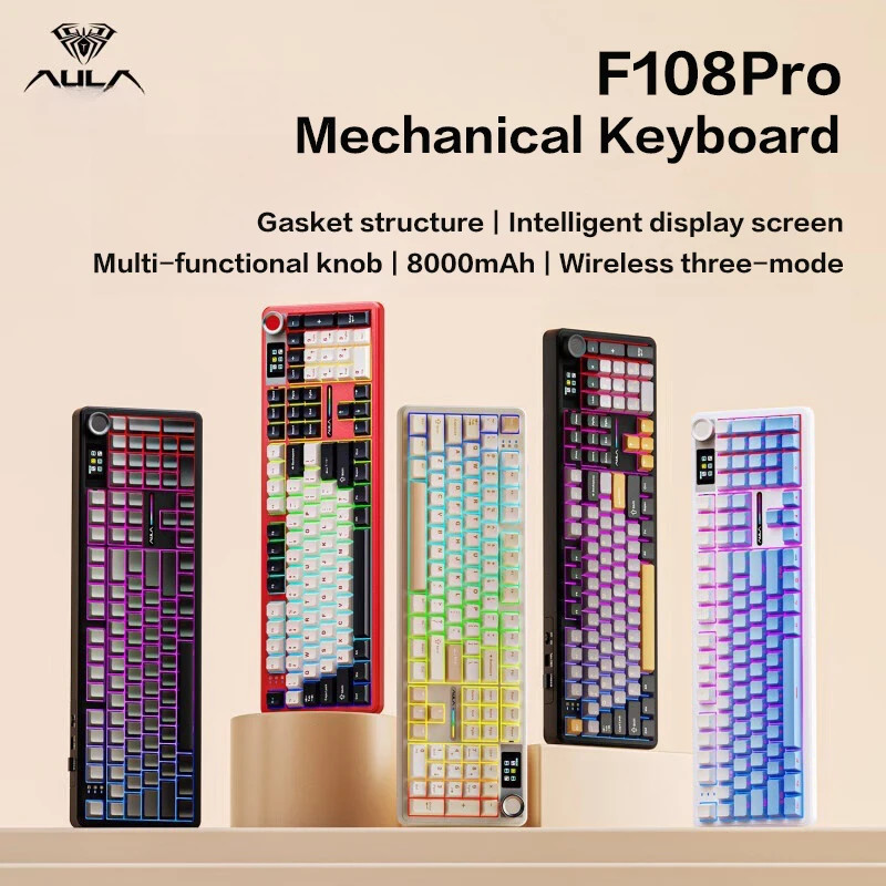 AULA F108Pro/F108 การเชื่อมต่อสามโหมดบลูทูธไร้สาย, จอแสดงผลอเนกประสงค์, โครงสร้างปะเก็น, เอฟเฟกต์แสง