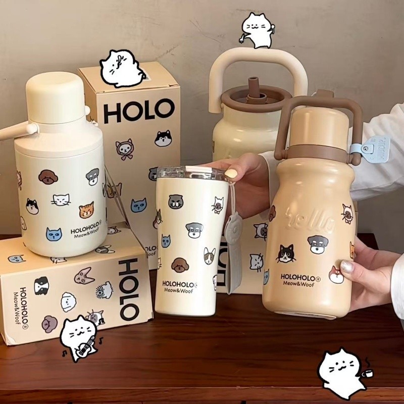 Holoholo แก้วเก็บอุณหภูมิ Limited Edition ลายสัตว์เลี้ยง น่ารัก ขนาดใหญ่ พร้อมหลอด พกพาสะดวก เหมาะสำหรับกาแฟและน้ำร้อน-เย็น