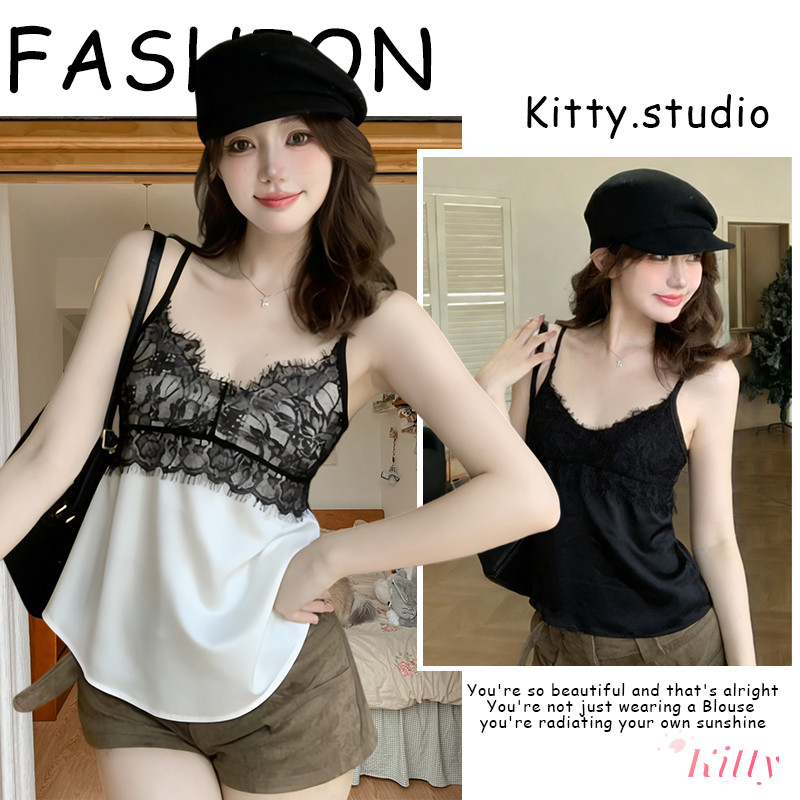 Kitty พร้อมส่ง🌸เสื้อกล้าม🌸คอวีลึก ลูกไม้ ซาติน ครอป เข้ารูป สีดำ สีขาว เรียบหรู ดูแพง เซ็กซี่ แฟชั่นผู้หญิง ใส่แล้วปัง