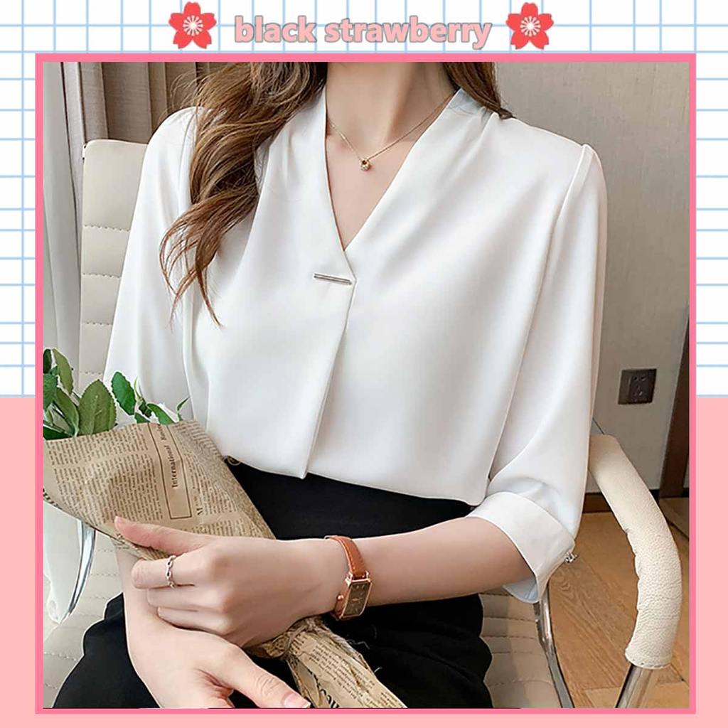 Black#เสื้อชีฟองสีขาวสำหรับผู้หญิง สไตล์ฤดูใบไม้ร่วงใหม่ ปี 2026 ดีไซน์ไม่ซ้ำใคร เสื้อเชิ้ตทำงาน คอวี ทรงเข้ารูป 99335