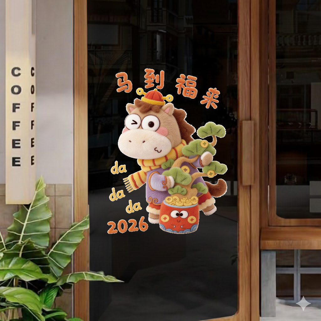 Decal Tet 2026 สติกเกอร์กระจกการสูดดมไฟฟ้าสถิต - Baby Horse Lucky Tree เหมาะสําหรับร้านค้าและบ้าน