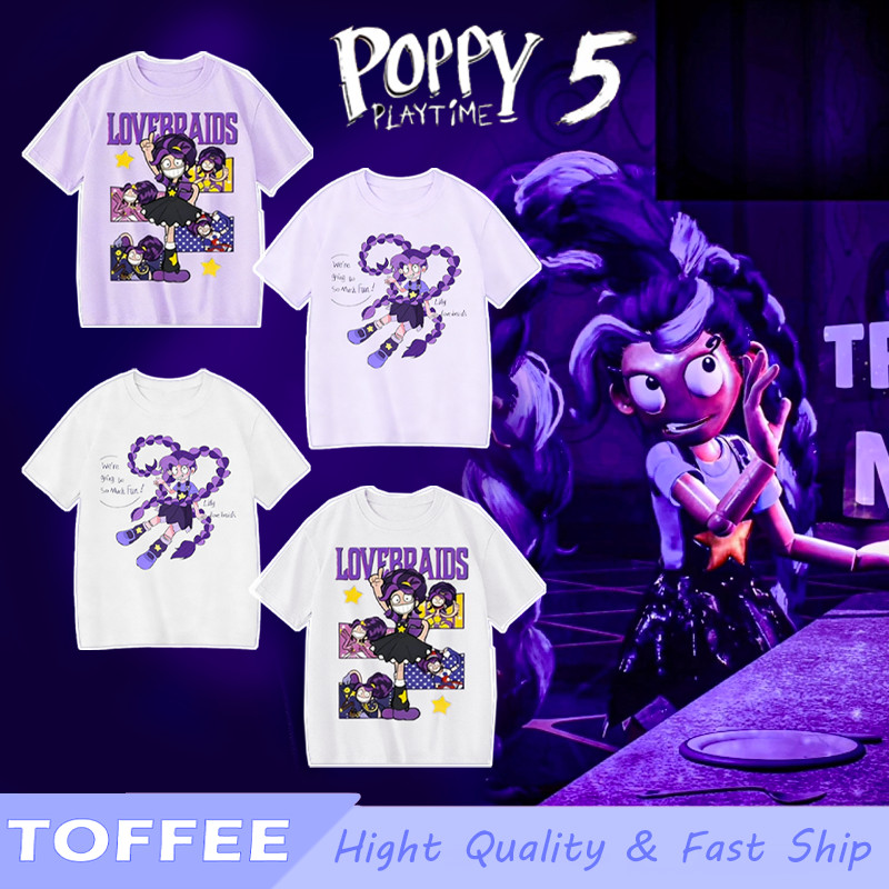 Poppy Playtime Chapter 5 Lily Lovebraids เสื้อยืดสีขาวสีม่วงสําหรับเด็กชายและเด็กหญิงฮาโลวีนคอสเพลย์เครื่องแต่งกายชุดเด็ก