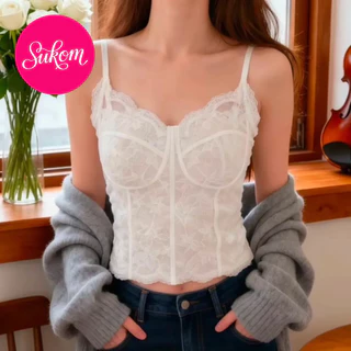 【SUKOM】เสื้อสายเดี่ยวลูกไม้คอร์เซ็ต มีคัพในตัว ดันทรงสวย เนื้อนุ่ม ระบายอากาศ ใส่เดี่ยวได้ ไม่ต้องใส่บราเพิ่ม