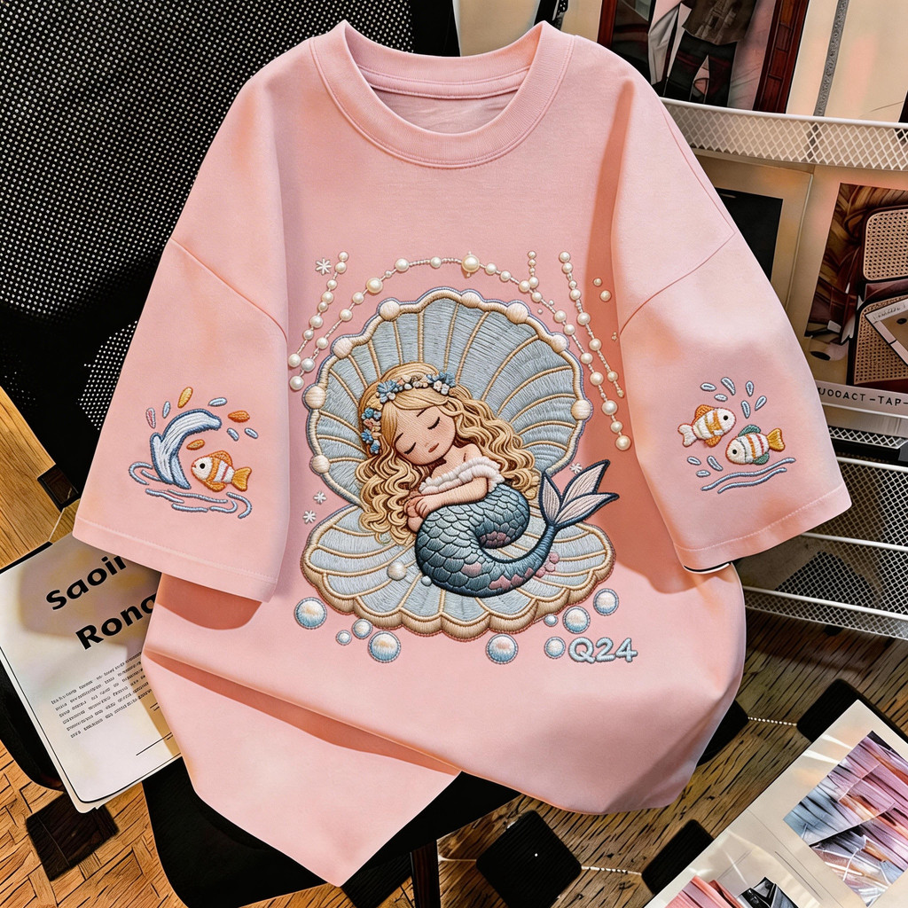 TEE·SHOP🍀 เสื้อยืด oversize เสื้อเท่ๆ เกาหลี "Sleeping Mermaid" เสื้อแฟชั่นใ เกาหลีสไตล์ พิมพ์ลาย ผ้านิ่มใส่สบาย COD