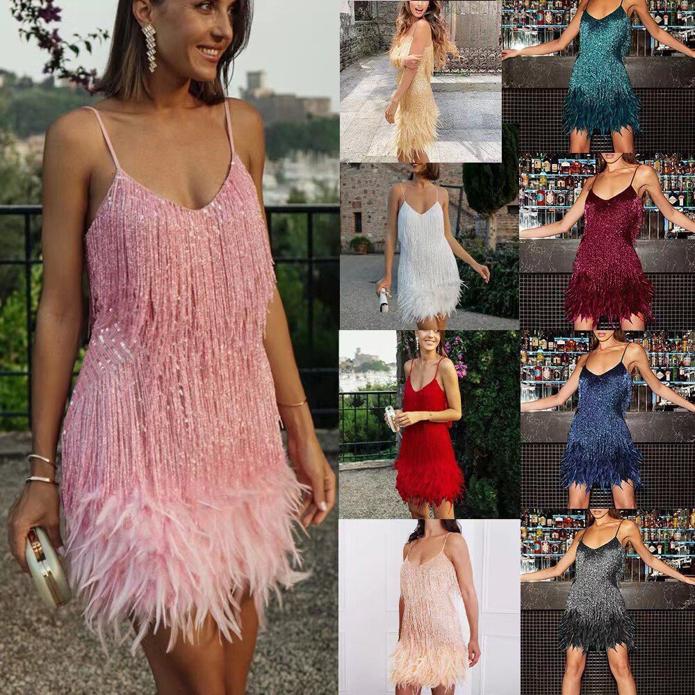 Moldy Concert Wear Shiny Fringed Sling Dress Feather Wrap บั้นท้าย Slim กระโปรงสั้น Stage Performanc