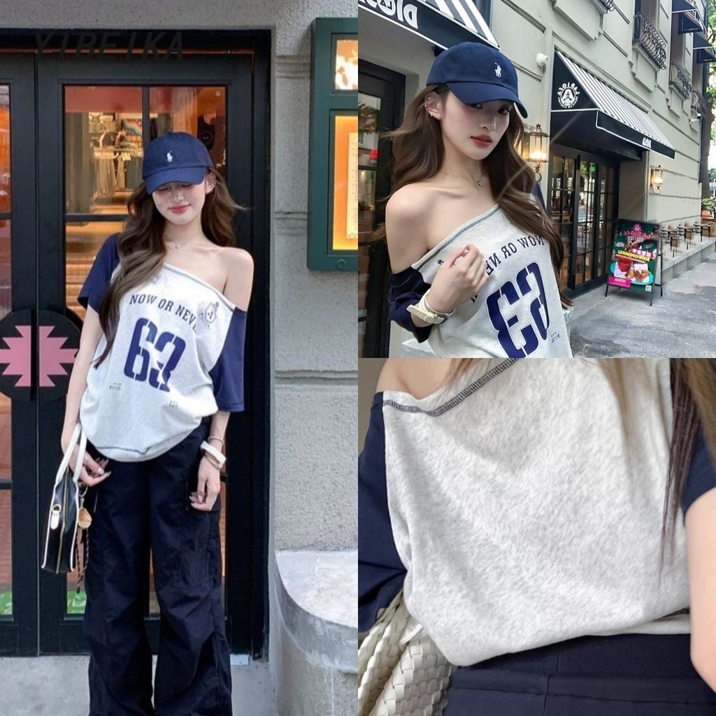 เสื้อย้อมยุคสไตล์อเมริกัน ไหล่ลาด แขนสั้นสำหรับผู้หญิง พิมพ์ลายชัดเจน