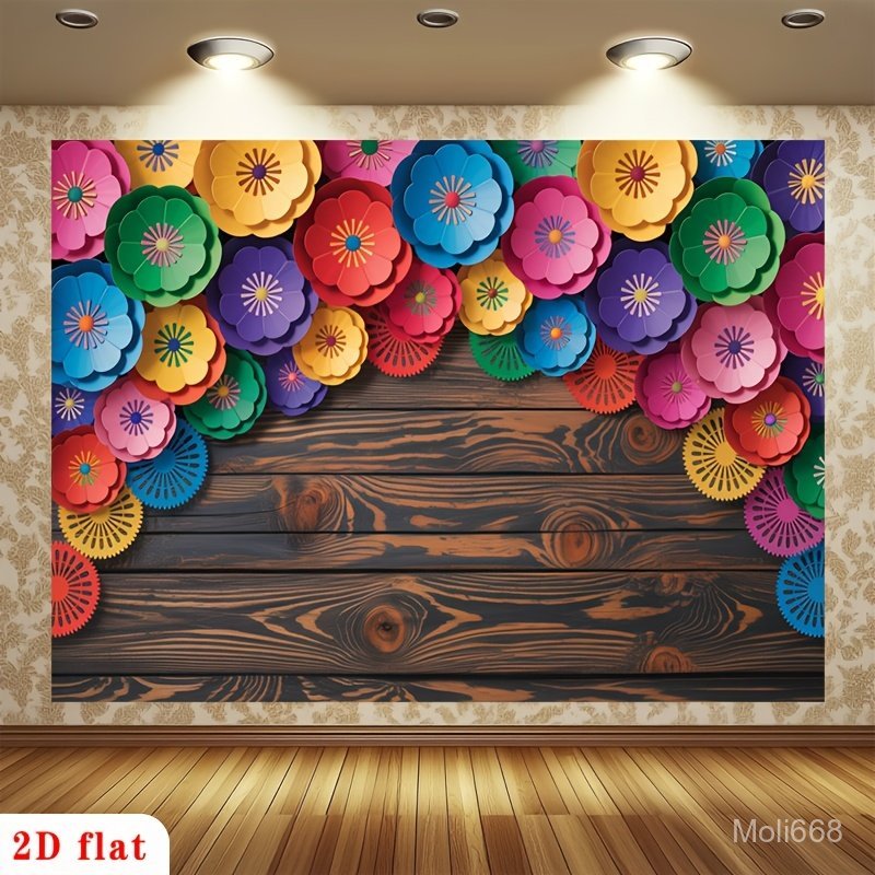 2D Flat - 2D Flat - [ for Party Banner] 2D Flat Banner, 1pc Multicolor Paper Flower Border Dark Wood