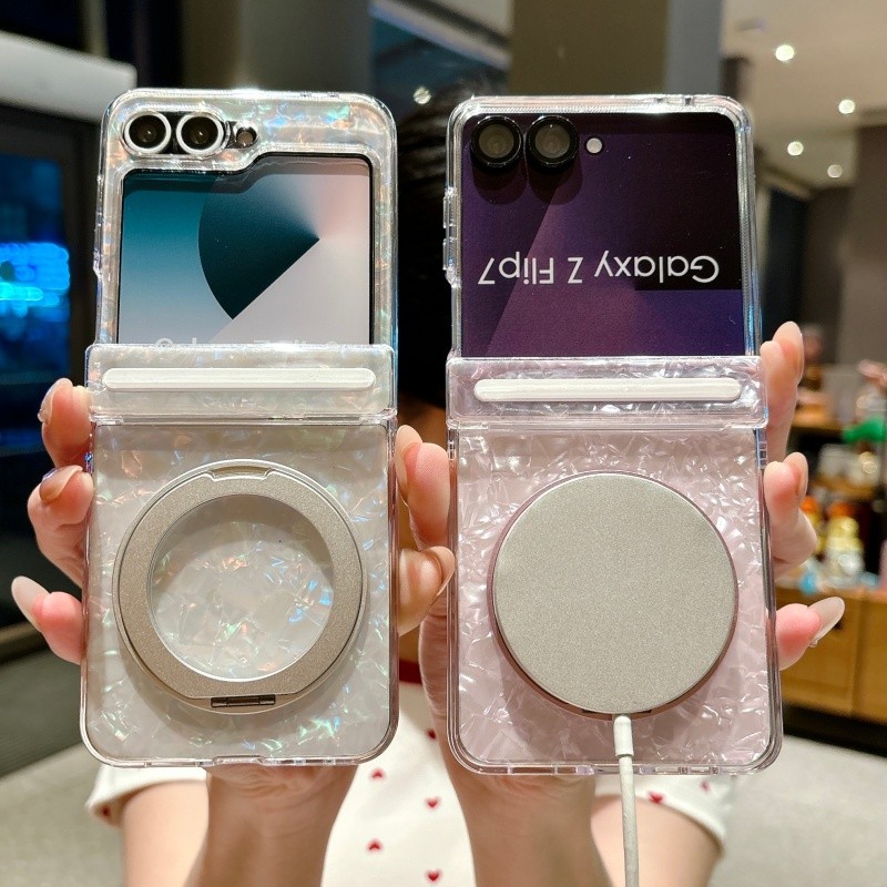 Iridescent Shell Design กันกระแทกสําหรับ Samsung Galaxy Z Flip 7 FE Z Flip 6 Z Flip 5 เต็มบานพับป้องกัน Funda พร้อมไร้สายชาร์จ 360° ขาตั้งแหวน Z Flip 8