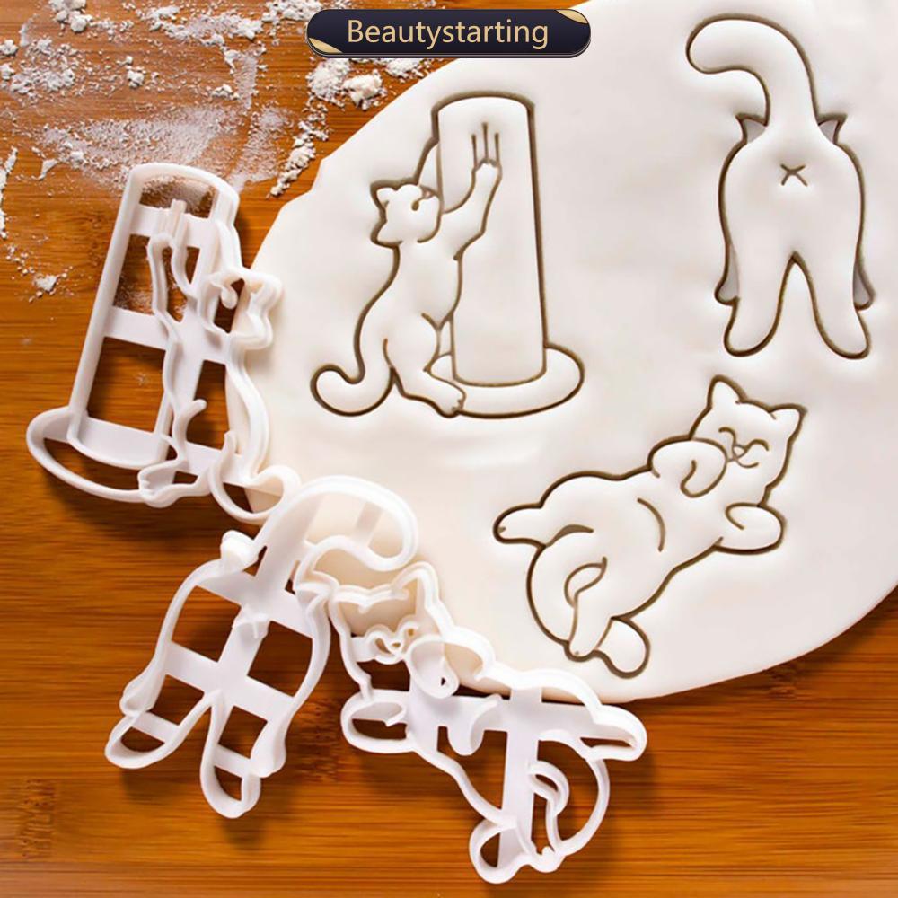 BEAUTYSTARTING 3D Cat Kitty Shape เครื่องตัดคุกกี้ชุด DIY พลาสติกเบเกอรี่แม่พิมพ์เครื่องมือสําหรับเด