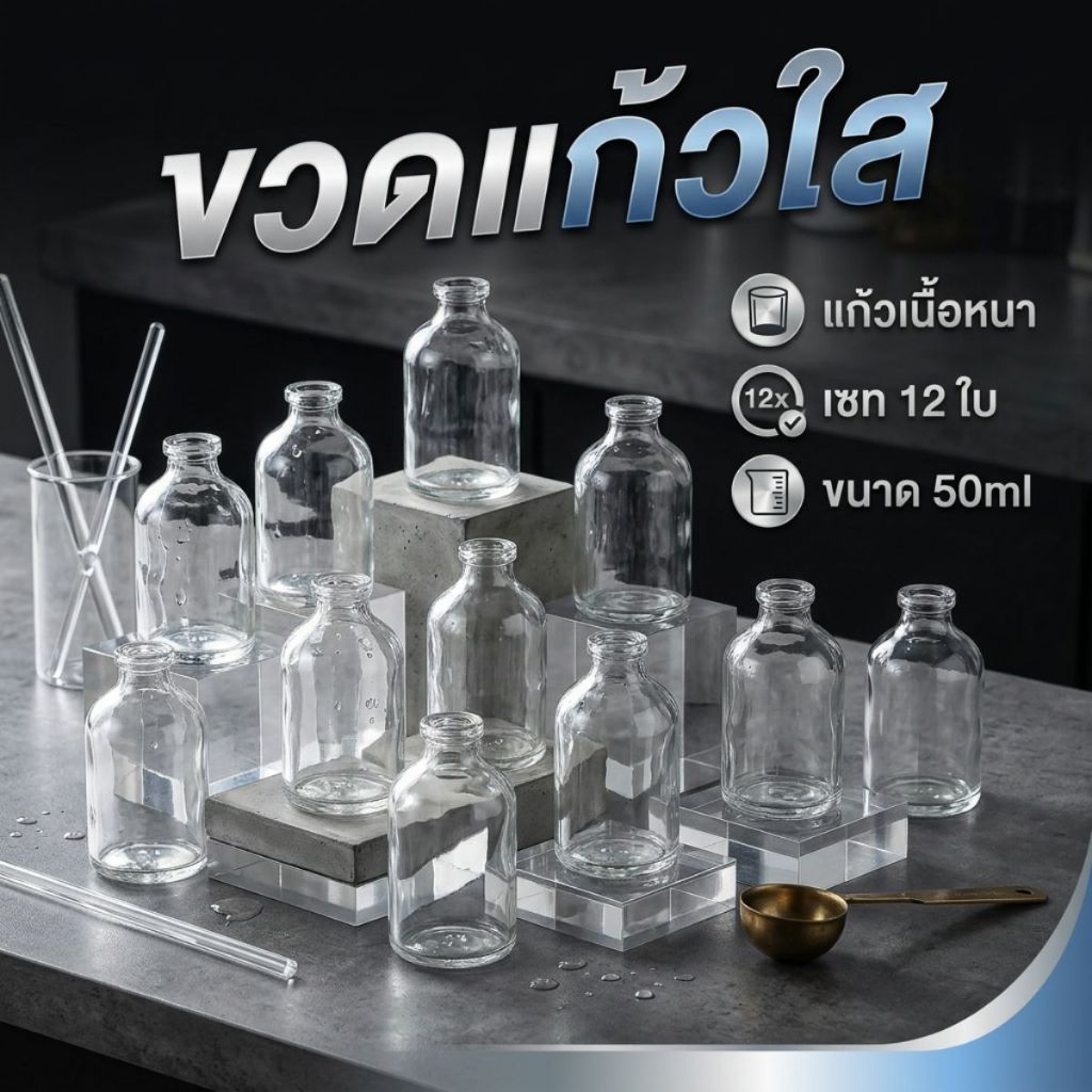 ขวดแก้วใส 50ml เซท12ใบ ขวดใส่น้ำหอม ขวดแก้วหนา ไม่มีฝา ทรงมินิมอล ใช้ซ้ำได้ ราคา ถูกที่สุด ดีลบีเคเค แกลเลอรีภาพที่ 7