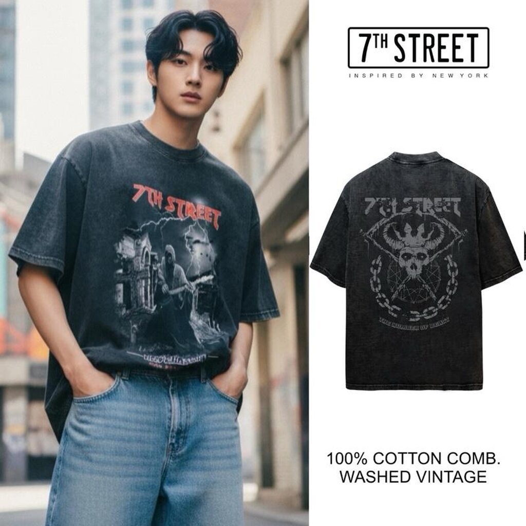 7th Street Oversize Vintage (สกรีน2หน้า) ผ้าCotton Comb ฟอกซีดสไตล์วินเทจ ฟอกแบบตัวต่อตัวขึ้นริ้วตามตะเข็บฟอกจากเสื้อ...