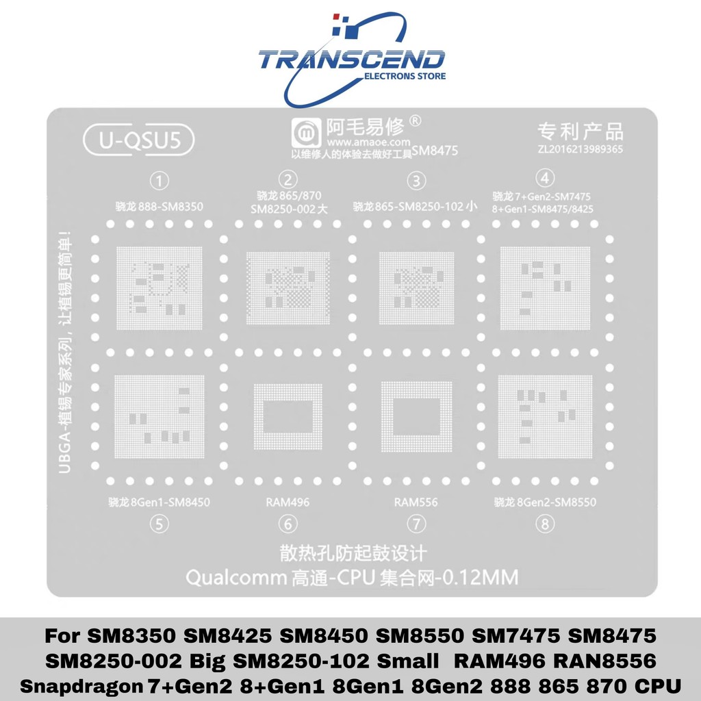 BGA Reballing Stencil สําหรับ Qualcomm series CPU SM8350 SM8425 SM8450 SM8475 SM8550 SM7475 Snapdrag