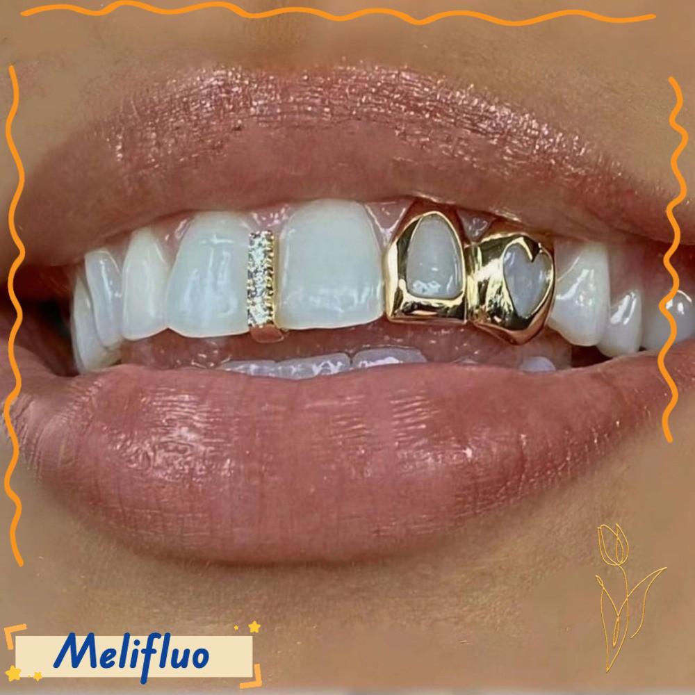 MELIFLUO Grillz, สีทองเงา Hip Hop ฟัน Grillz, Hollow Heart ทองแดง Double Heart ฟันหมวกผู้หญิง